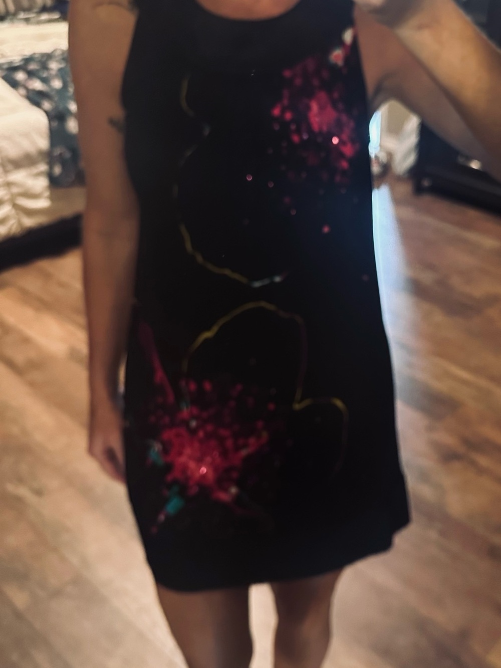 Express Black Mini Dress with Pink Sequin Floral Accents